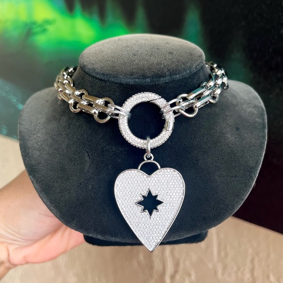 Two looks stainless steel choker heart necklace cz rhinestones boho st valentine - Picture 7 of 16